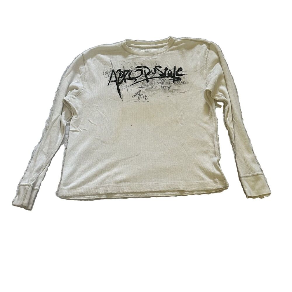 Y2K Aéropostale Logo Thermal Waffle Long Sleeve Shirt White Men's XL",